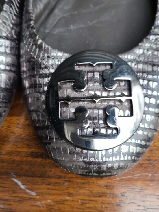 Tory Burch Reva Black Silver Snake Print Leather Ballet Flats size 8M main image 3